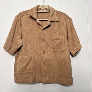 TERRY. Boxy Shirt Tan Button Down Short Sleeve Top Resort wear Beach  Size M